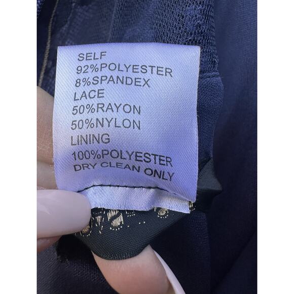 Tadashi Shoji Navy Blue Guipure Lace Taffeta draped long sleeve Gown Sz 14 Forma - Picture 13 of 13